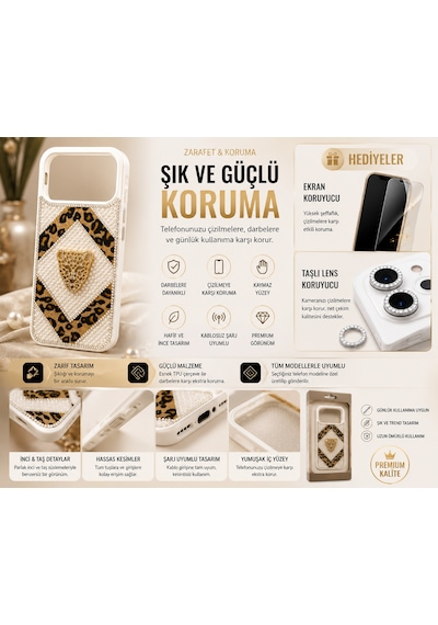İphone 14 Pro Max Uyumlu Leopar Desenli İnci Taşlı Telefon Kılıfı + Taşlı Lens Koruyucu + Ekran Koruyucu Hediyeli A2