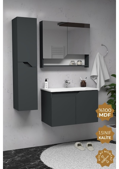 Teta Home Napoli 80 Cm Mdf Banyo Dolabı Seti + Boy Dolabı Antrasit Antrasit