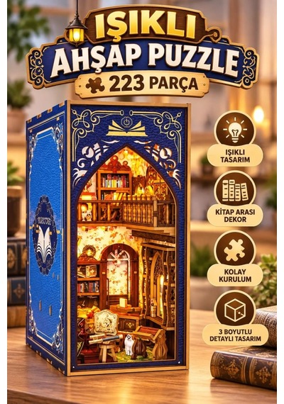 Işıklı Ahşap 3 Boyutlu Puzzle Kitap Arası Dekor 223 Parça Kütüphane Tasarımlı Dekoratif Puzzle