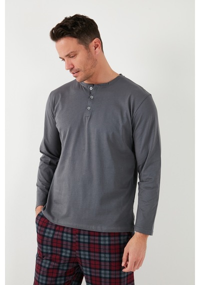 Buratti Ekoseli Pamuklu Beli Lastikli Regular Fit Uzun Kollu Erkek Pijama Takımı 6572003 Füme