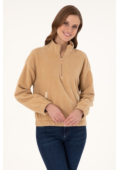 U.S. Polo Assn. Kadın Kum Dik Yaka Fermuarlı Polar Sweatshirt 50297401-VR085
