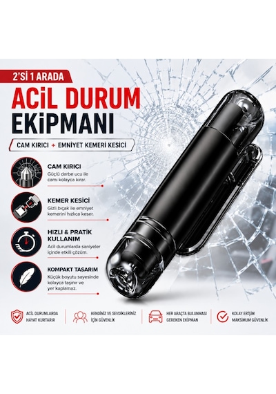 Polham 2in1 Arada Araç İçi Acil Durum Cam Kırıcı Ve Emniyet Kemeri Kesici Kompakt Oto Güvenlik Ve Acil Çıkış Aparatı