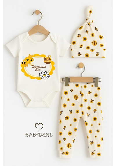 Babyden's Teyzesinin Balı Yazılı 3 Lü Bebek Takımı Pamuklu Kısa Kollu Çıtçıtlı Body, Arı Desenli Pantolon,bere Ekru - Sarı