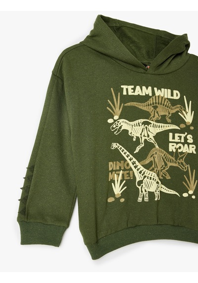 Koton Kapşonlu Sweatshirt Dinozor Aplike Detaylı Ve Baskılı Uzun Kollu Şardonlu Haki 5wmb10198tk Haki