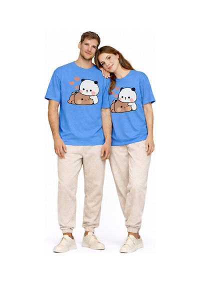 Sevimli Panda Baskılı Sevgili Kombini Çift Tişört Oversize Unisex Mavi