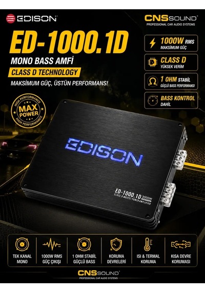 Tr Edison Ed-1000.1d Mono Blok Oto Amfisi, 1000w Rms, Class D