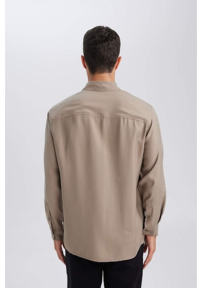 Defacto Relax Fit Polo Yaka Twill Modal Karışımlı Basic Düz Uzun Kollu Gömlek D3376AX24AUKH466 Haki
