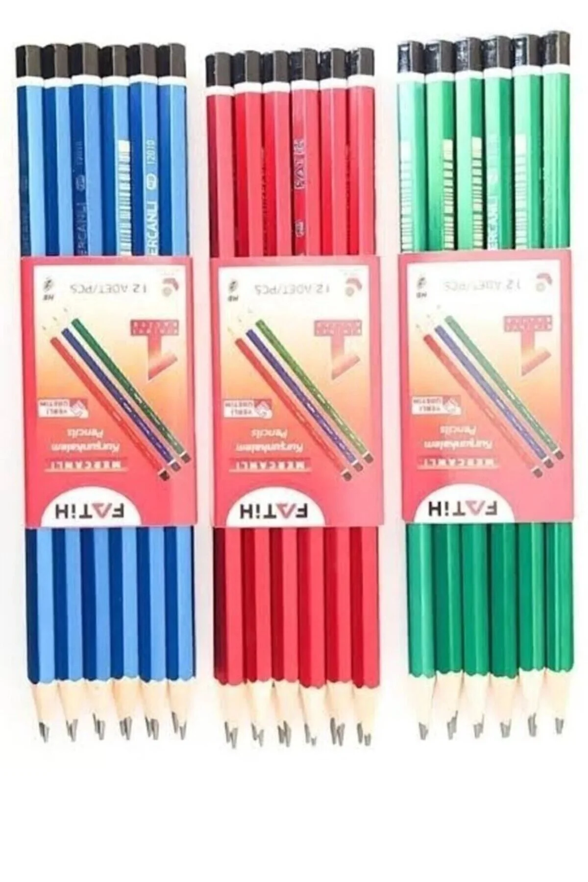 Mercanlı Kurşun Kalem 12'li Paket. 3 Paket. Toplam 36 Adet. Çok Renkli