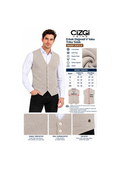 Çizgi Triko Erkek Düğmeli V Yaka Regular Kalıp Triko Yelek Bgl-st05772 Taş