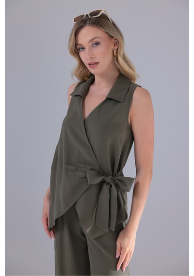 Eseclass Yandan Bağlamalı Tencel Kumaş Bluz Gömlek Haki Haki