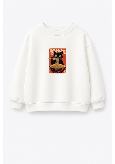 Monila Unisex Çocuk Beyaz Kedi Baskılı Pamuklu Sweatshirt Ekru