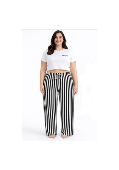 Viskon Pamuklu Kadın Büyük Beden Siyah Çizgili Pijama Pantolon - Mgb001 - Mudanis