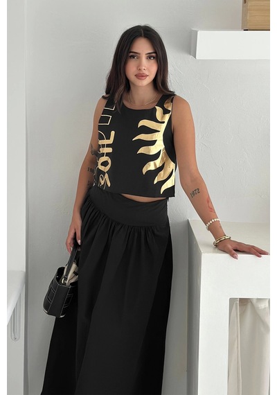 Asprin Fashion Varak Baskılı Crop&etek Takım Papertouch Kumaş Siyah