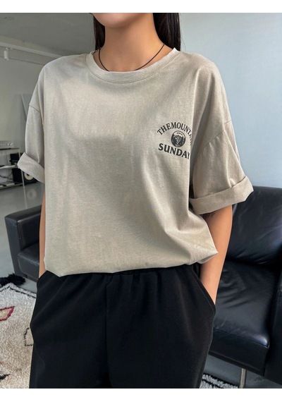 Flood Of Style Kadın Gri Mountaın Oversize Bisiklet Yaka Tshirt