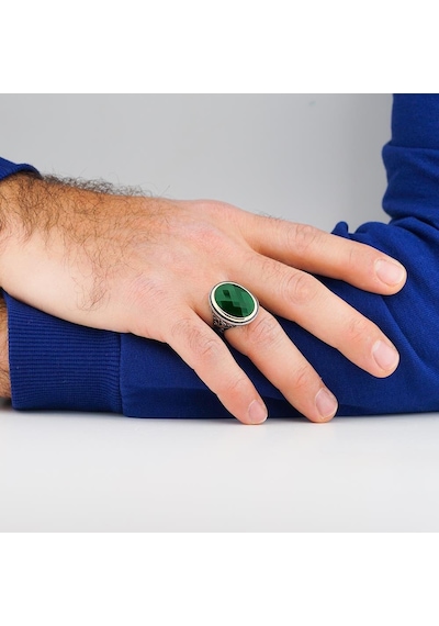 925 Ayar Gümüş Yeşil Oval Zirkon Taşlı Erkek Yüzük Gümüş