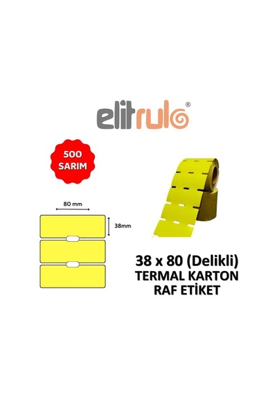 Elitrulo Termal Karton Raf Etiketi 38mm X 80mm Delikli Sarı - 500 Adet Genel