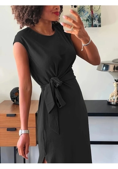 Defymoda Kadın Kısa Kollu Yuvarlak Yaka Belden Bağcıklı Önden Yırtmaçlı Aerobin Elbise Siyah Defymoda Kadın Kısa Kollu Yuvarlak Yaka Belden Bağcıklı Önden Yırtmaçlı Aerobin Elbise Siyah