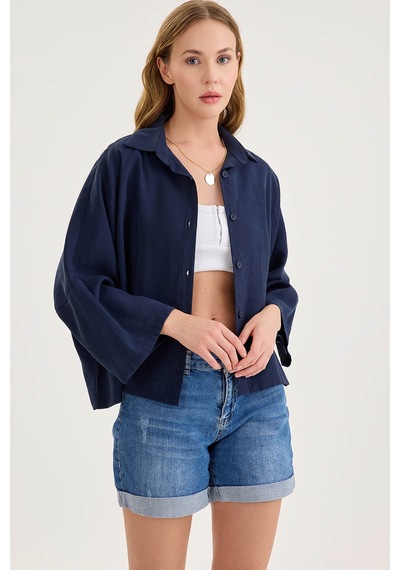 Vitrin Düşük Omuz Oversize Crop Gömlek Lacivert