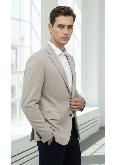 Plus Scorpion Erkek Esnek Kumaş Slim Fit Blazer Ceket Günlük & Ofis Şıklığı Açık Bej