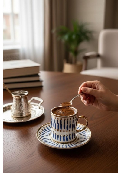 6 Kişilik Minimalist Tasarım Çizgili Türk Kahvesi Fincanı Ve Tabağı -90ml Diğer