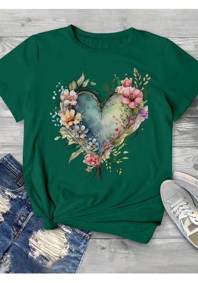 Flood Of Style Kadın Nefti Yeşil Çiçekli Kalp Baskılı Oversize