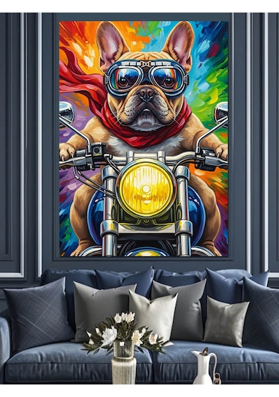Ahşap Tablo Motosiklet Süren Bulldog Köpek
