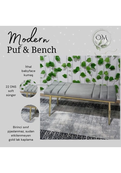 Özcan Metal Gold Metal Ayaklı Metal Kasalı Bench Mutfak Salon Antre Yatak Odası Balkon Puf Bank Antrasit