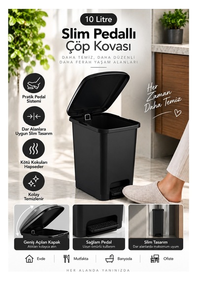 Slim Pedallı Banyo Mutfak Çöp Kovası 10 Litre Ergonomik Tasarım Plastik Malzeme İle Kullanışlı Siyah