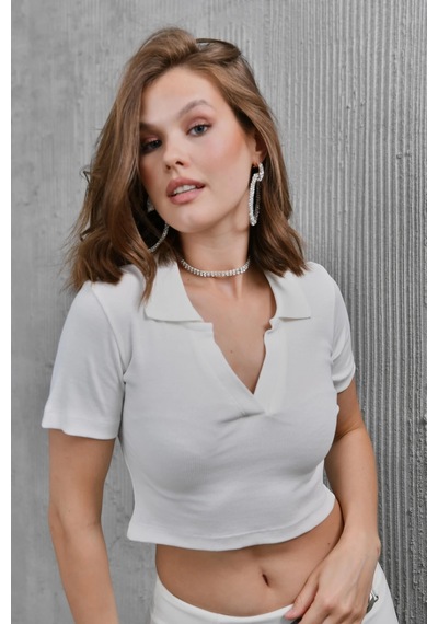 Park Karon Kadın Beyaz Polo Yaka Basic Crop Body BEYAZ
