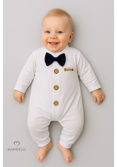 Babyden's Mini Boss Papyonlu Erkek Bebek Tulum Düğmeli Tasarım, Uzun Kollu Yenidoğan Tulumu Lacivert