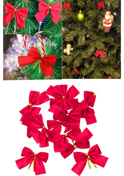 12 Adet Kırmızı Yılbaşı Çam Ağaçı Fiyonk Kurdele Yeni Yıl Noel