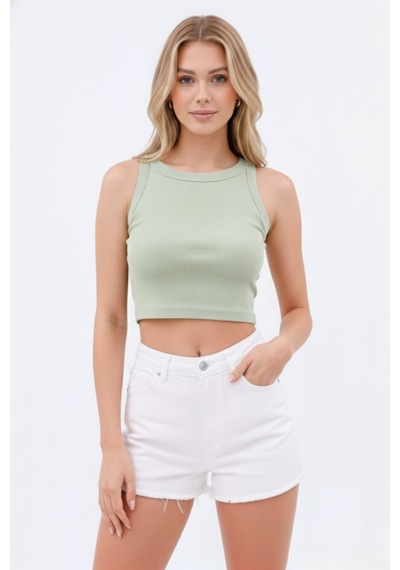 Zedefx Kadın Halter Yaka Pencere Detaylı Crop Bluz Yeşil