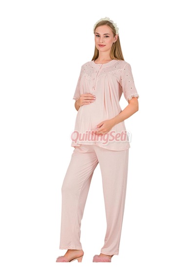 Lady Bebe Pembe Renkli Dantel Detaylı 33206 Kısa Kol 2 Parça Lohusa Hamile Pijama Takımı Açık Pembe