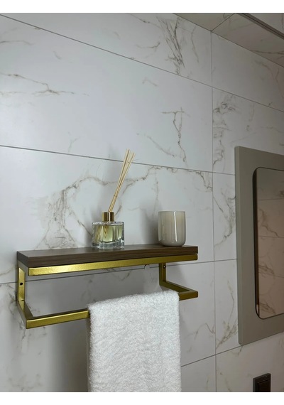 lyla concept Fulya Banyo Ahşap Raflı Gold Metal Havlu, Şal Askılık Ceviz Raf Gold
