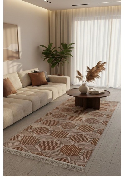 Kiremit Modern Desenli Kilim - Makinede Yıkanabilir Renkli