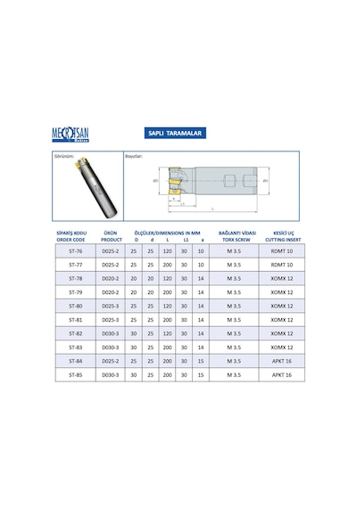 Mertsan Saplı Tarama Freze Kafası D025-2, 25x200 Mm Takım Ölçüsü, 2 Adet Rdmt 10 Kesici Uç Kullanır - 1 Adet