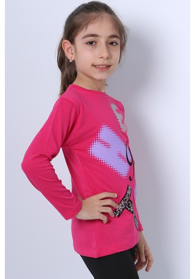 Hçm Kız Çocuk Uzun Kollu Tshirt Pullu Harf Baskılı Bisiklet Yaka E9 Fuşya