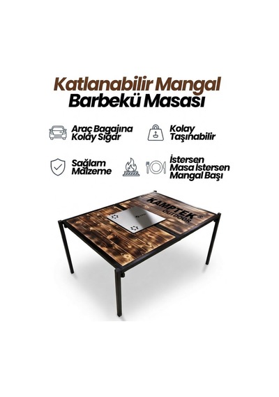 Taşınabilir Kamp Masası - Katlanır Ahşap Piknik Masası, Çıkarılabilir Mangal Izgara Kamp Ve Piknik Siyah