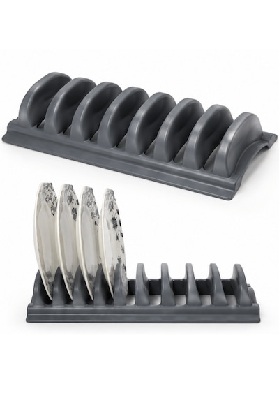 Beylini Tezgah Üstü 8'li Tabaklık Kurutmalık Stand Dolap Çekmece İçi Tabak Organizeri Standı Bulaşık Düzenleyici 13x35 Cm Antrasit