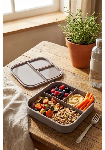 3 Bölmeli Silikon Saklama Kabı Kapaklı, Sızdırmaz, Lunch Box & Öğün Kabı Toprak Renk Toprak