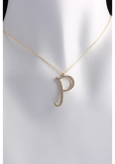 Omar Silver Kadın Büyük Boy P Harf Kolye Zirkon Taşlı Gold Altın