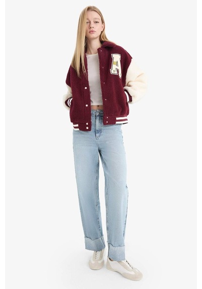 Defacto Coool Oversize Geniş Kalıp Polo Yaka Pelüş Bomber Ceket E9838ax25wnbr210 Bordo