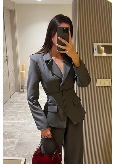 Üçlü Blazer Korse Pantolon Takım Gri