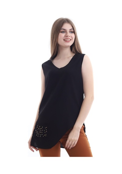 Self Clothing Kadın Siyah V Yaka Cep Ve Yırtmaç Detaylı Bluz Slf1246-Siyah