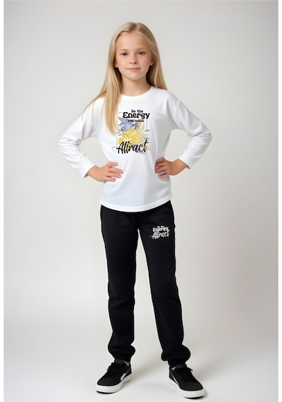 Panios Kids Yazı Baskılı Kız Çocuk Alt-üst Takım Beyaz