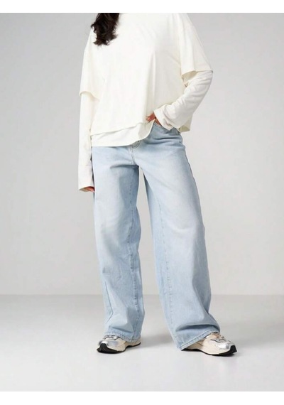 Buz Mavi Palazzo Pantolon Wide Leg Yüksek Bel Denim Jeans Mavi