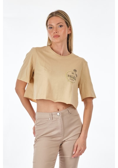 Only Sıfır Yaka Bej Kadın Crop T-shirt 15290663 001