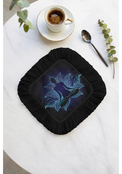 Lotus Enerji Saçaklı Sunum Peçetesi - Meditasyon Bohem Siyah Mavi Tasarımlı Bardak Altlığı Mendil Çok Renkli