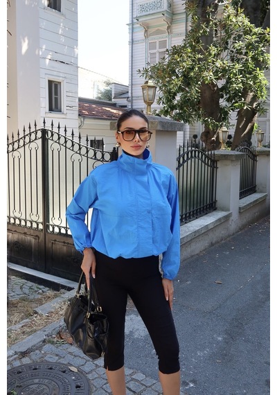 Kechi Woman Paraşüt Kumaş Fermuarlı Çıtçıtlı Ceket Mavi
