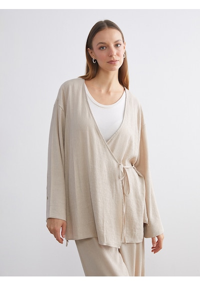 Lcw Modest Bej Kruvaze Yaka Dokulu Kadın Kimono